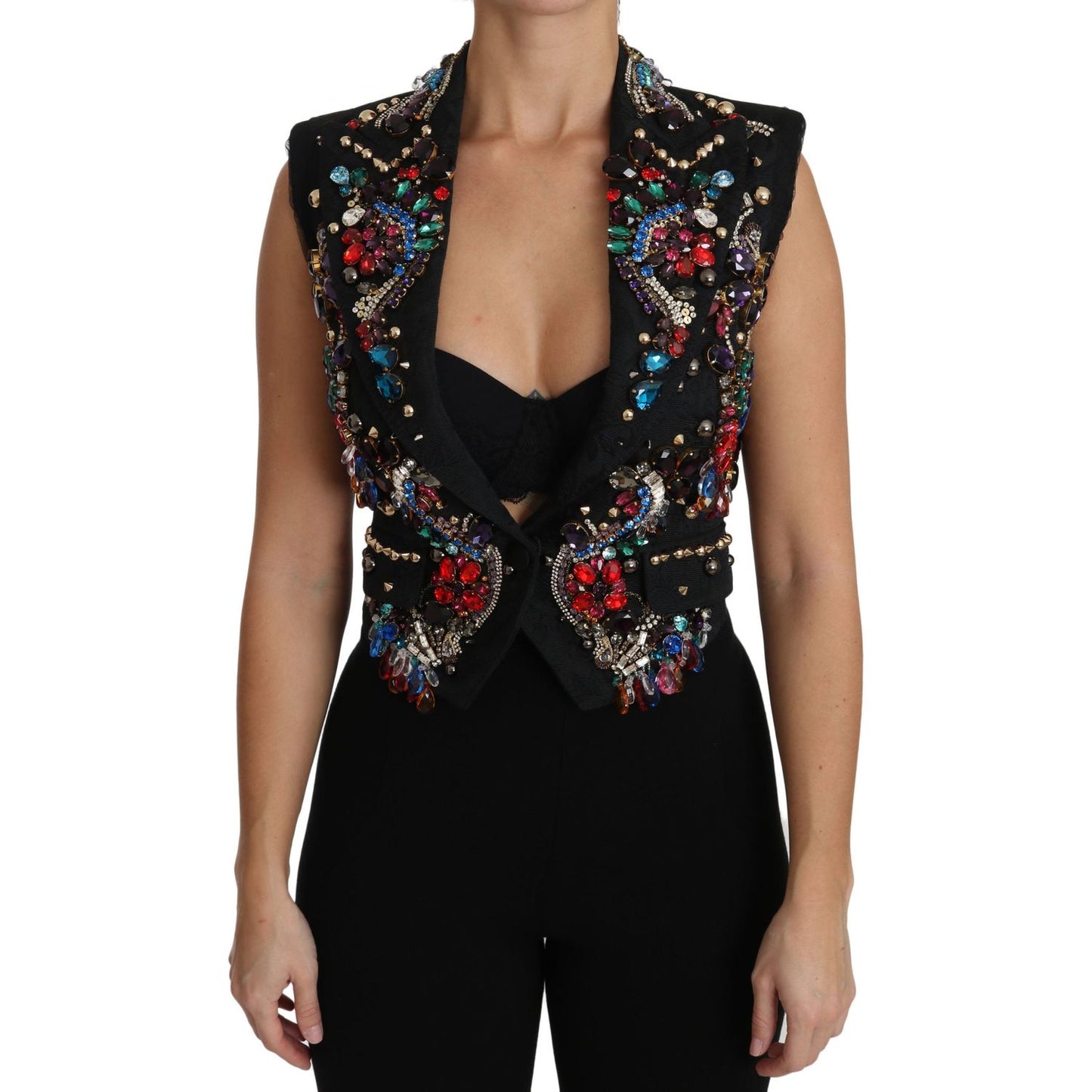 Dolce & Gabbana Black Crystal Sicily Vest Waistcoat JKT2410-36