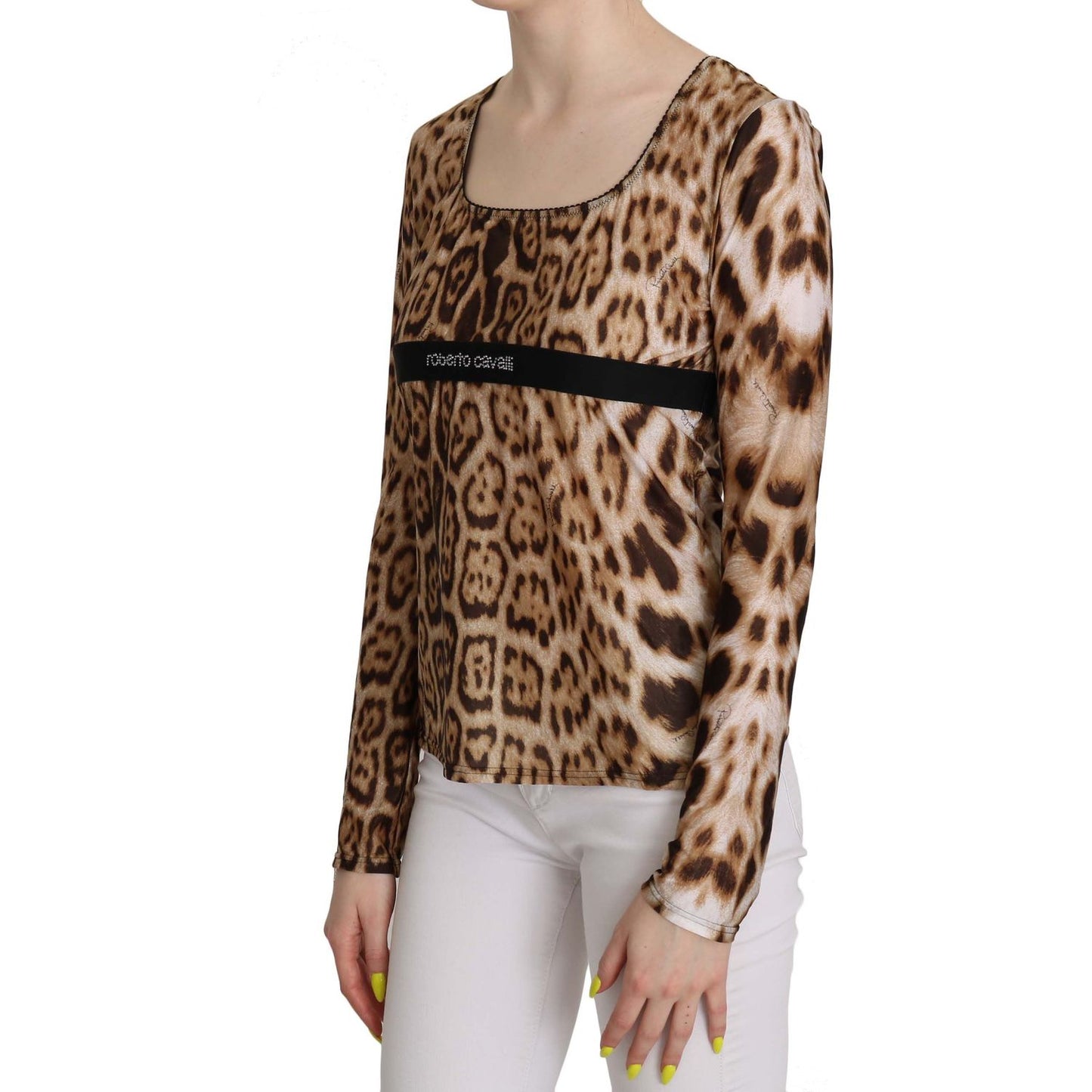 Roberto Cavalli Brown Round Neck Leopard Women Top Blouse