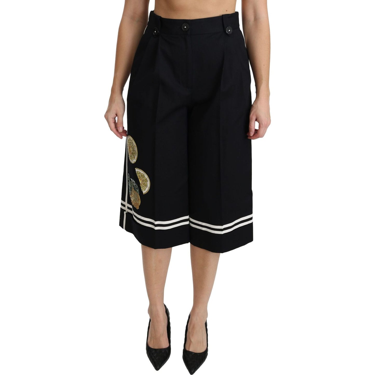 Dolce & Gabbana Black Lemon Embellished Palazzo Cropped Pants PAN70868-40