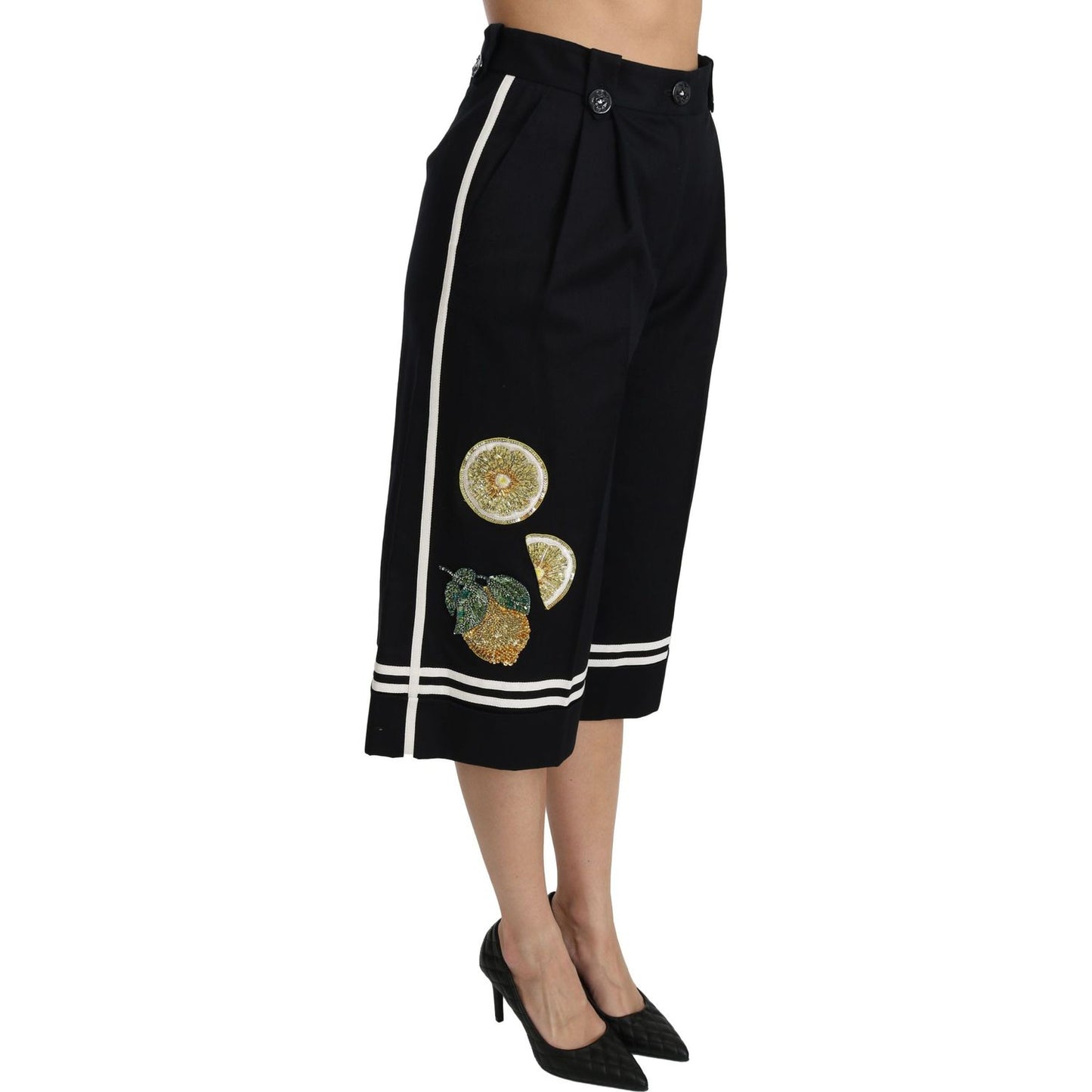 Dolce & Gabbana Black Lemon Embellished Palazzo Cropped Pants PAN70868-40