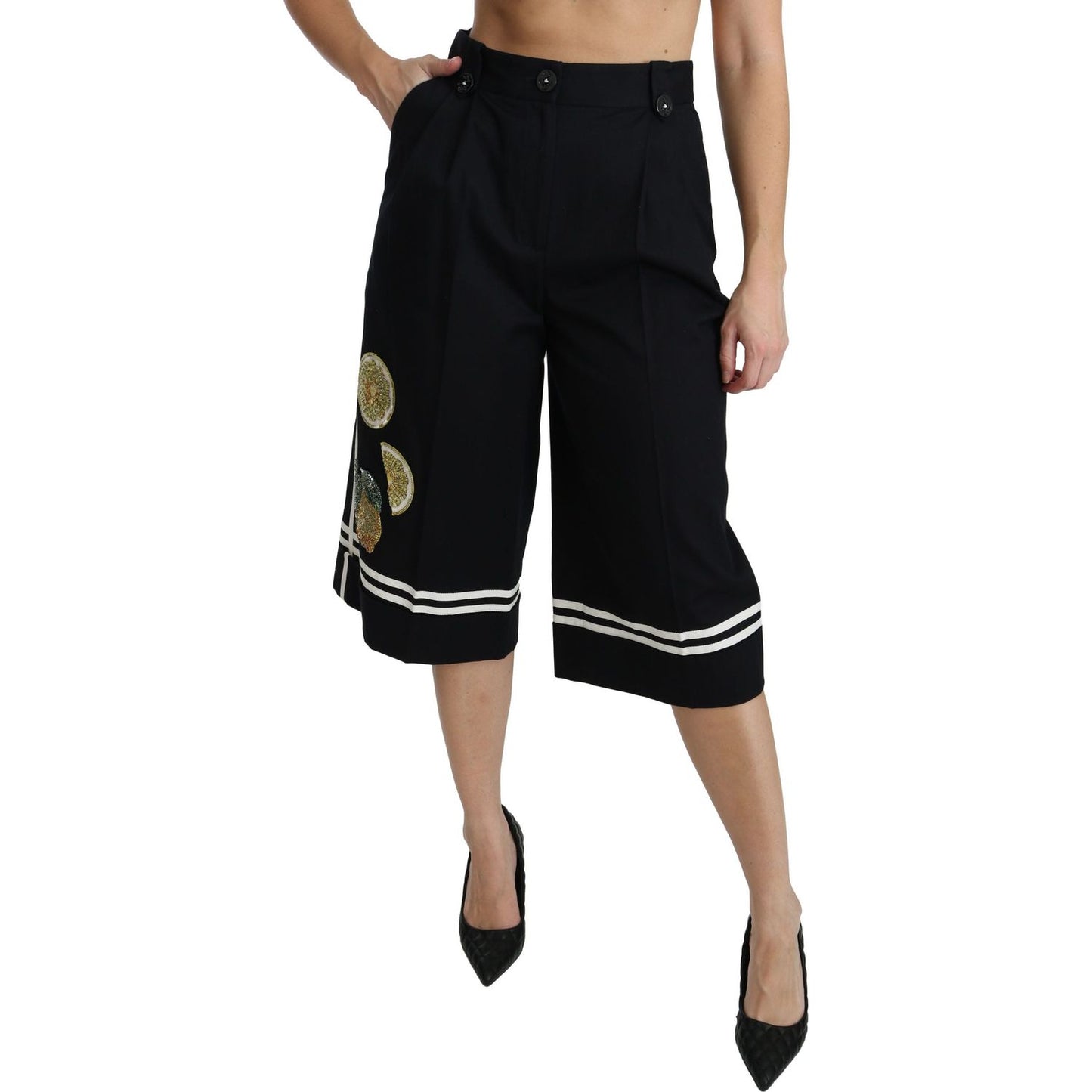 Dolce & Gabbana Black Lemon Embellished Palazzo Cropped Pants PAN70868-40