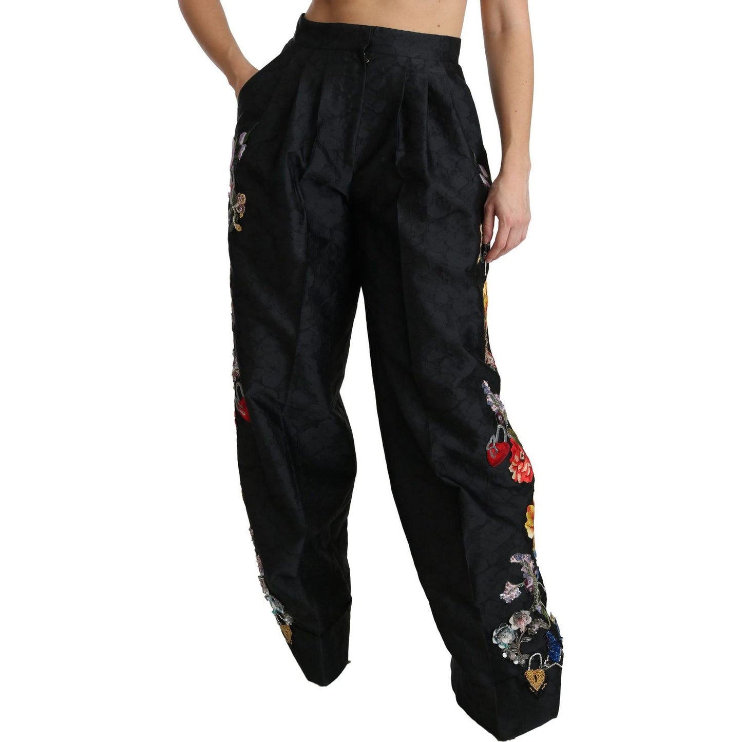 Dolce & Gabbana Black Brocade Floral Sequined Beaded Pants PAN70875-42