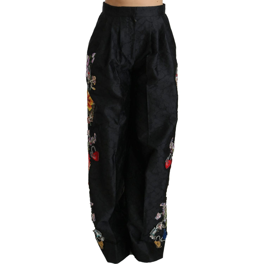 Dolce & Gabbana Black Brocade Floral Sequined Beaded Pants PAN70875-42