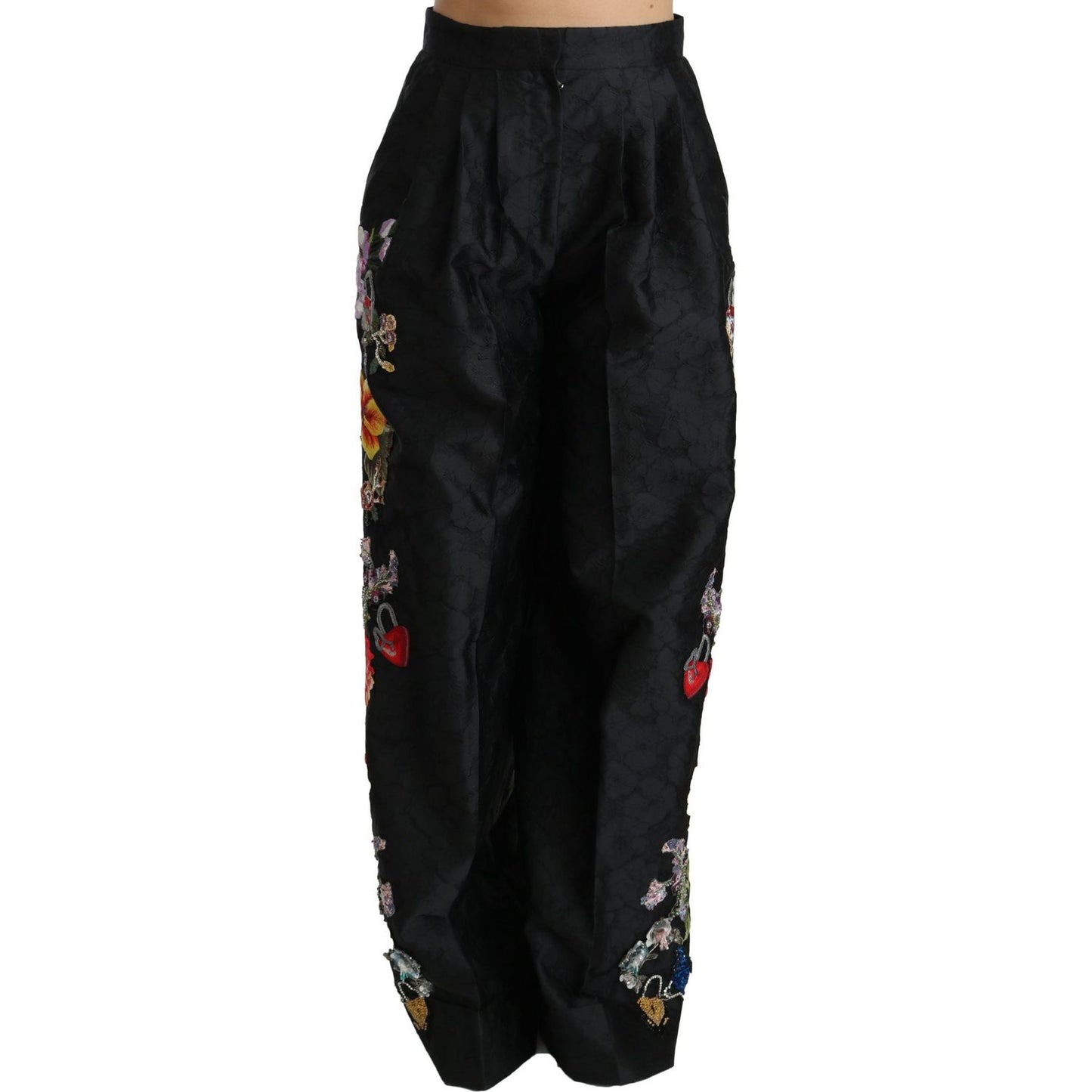 Dolce & Gabbana Black Brocade Floral Sequined Beaded Pants PAN70875-42