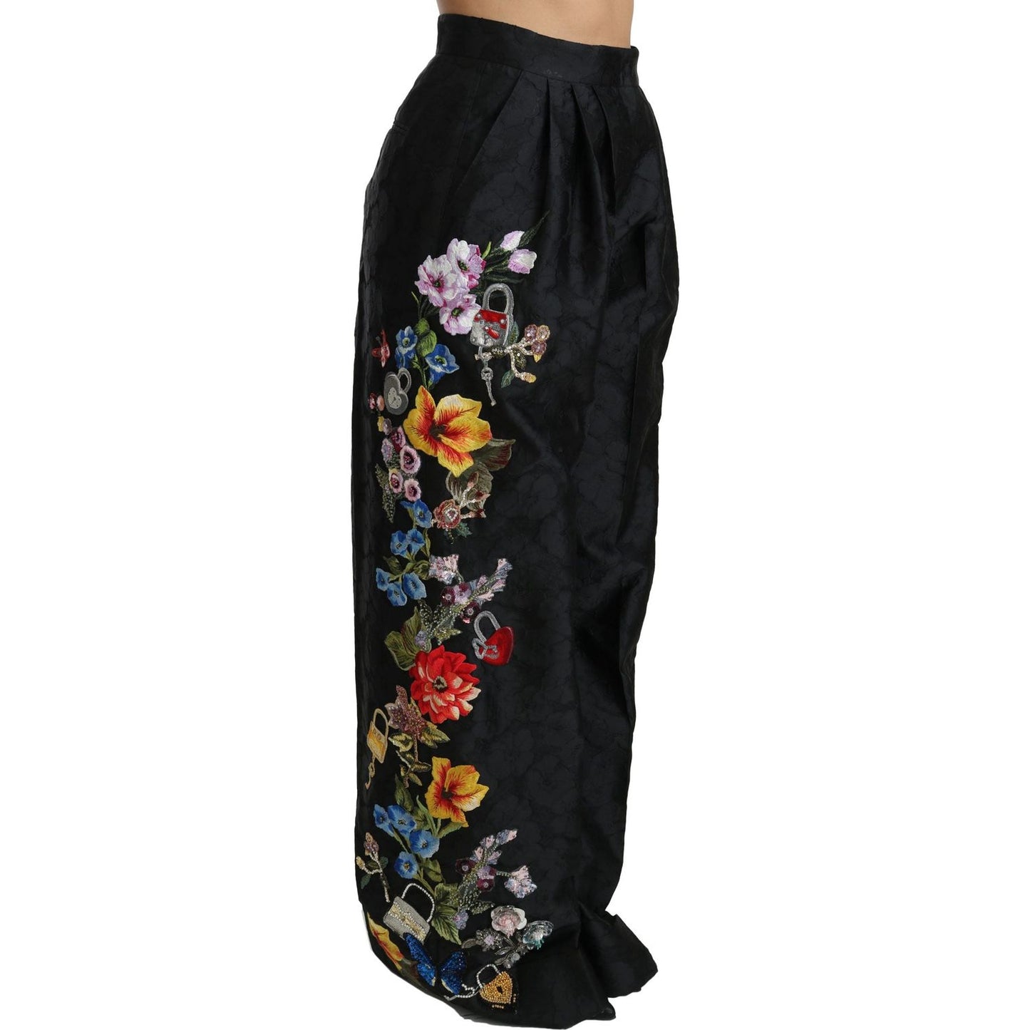 Dolce & Gabbana Black Brocade Floral Sequined Beaded Pants PAN70875-42