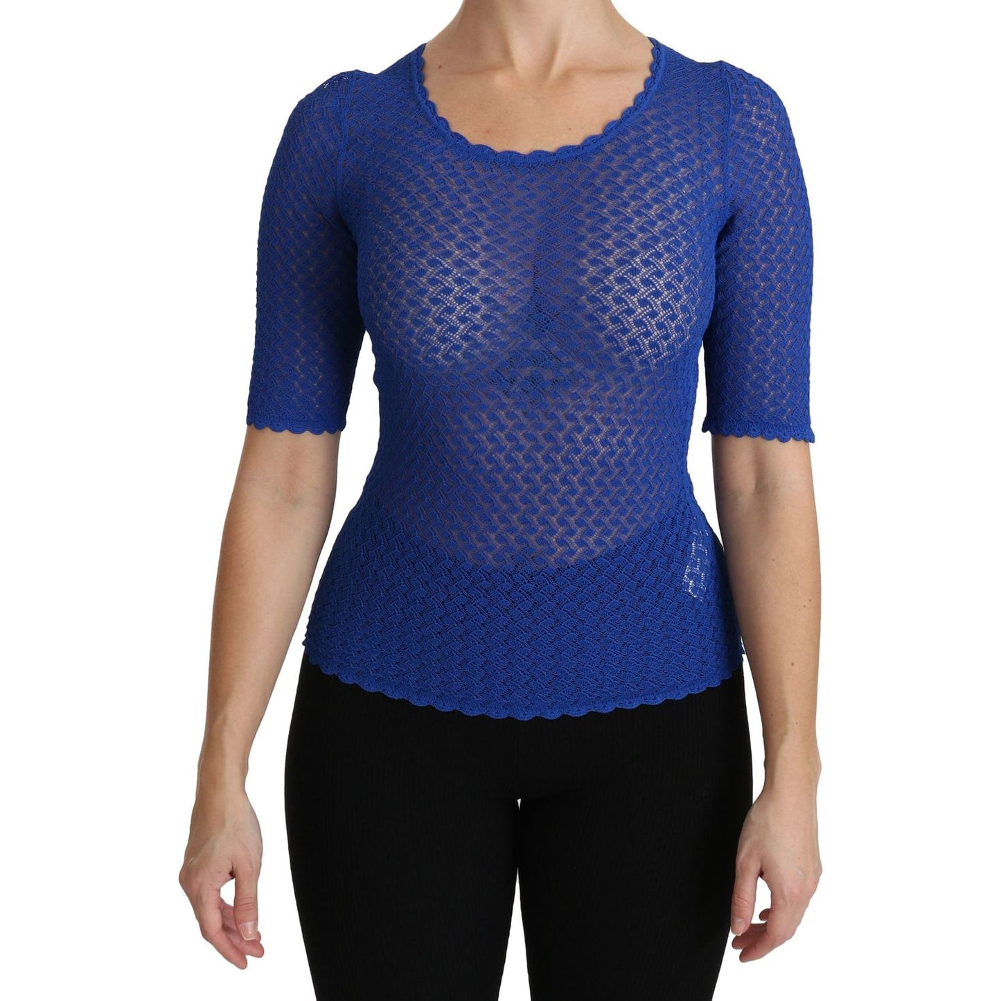 Dolce & Gabbana Blue See Through Round Neck Top Viscose Blouse TSH4243-42