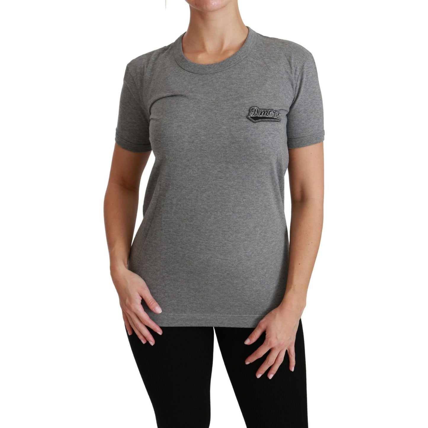 Dolce & Gabbana Gray Crewneck Amore Patch Cotton Top T-shirt TSH4467-36