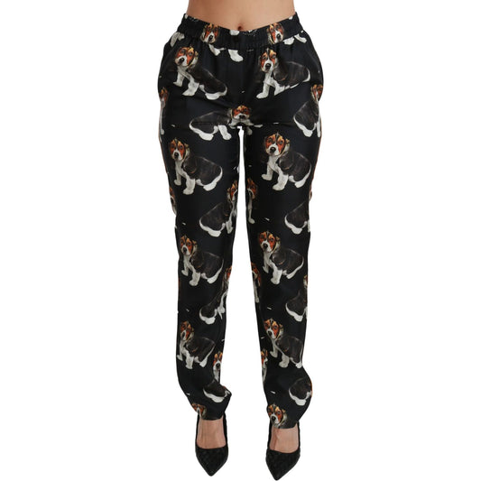 Dolce & Gabbana Black Puppy Dog Mid Waist Skinny Silk Pants