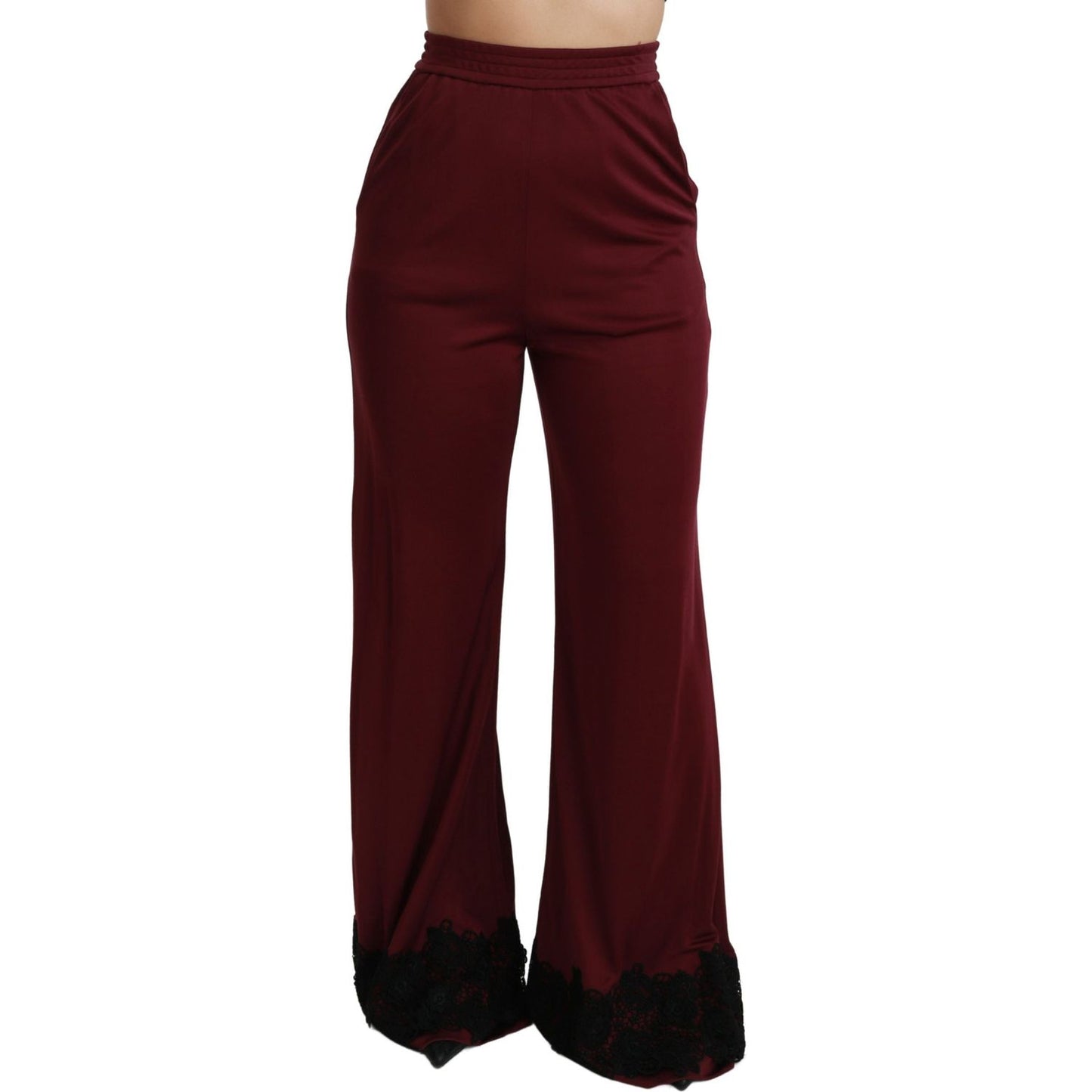 Dolce & Gabbana Black Lace High Waist Wide Leg Maroon Pants PAN70934-40