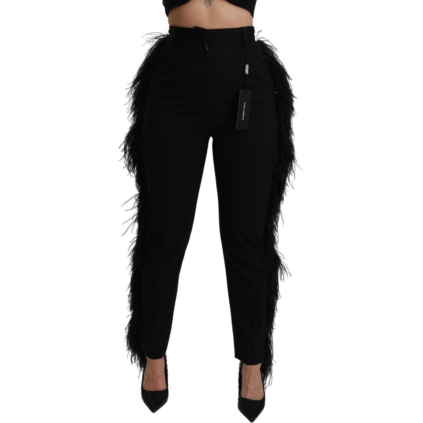 Dolce & Gabbana Black Feather Straight High Waist Wool Pants Pants
