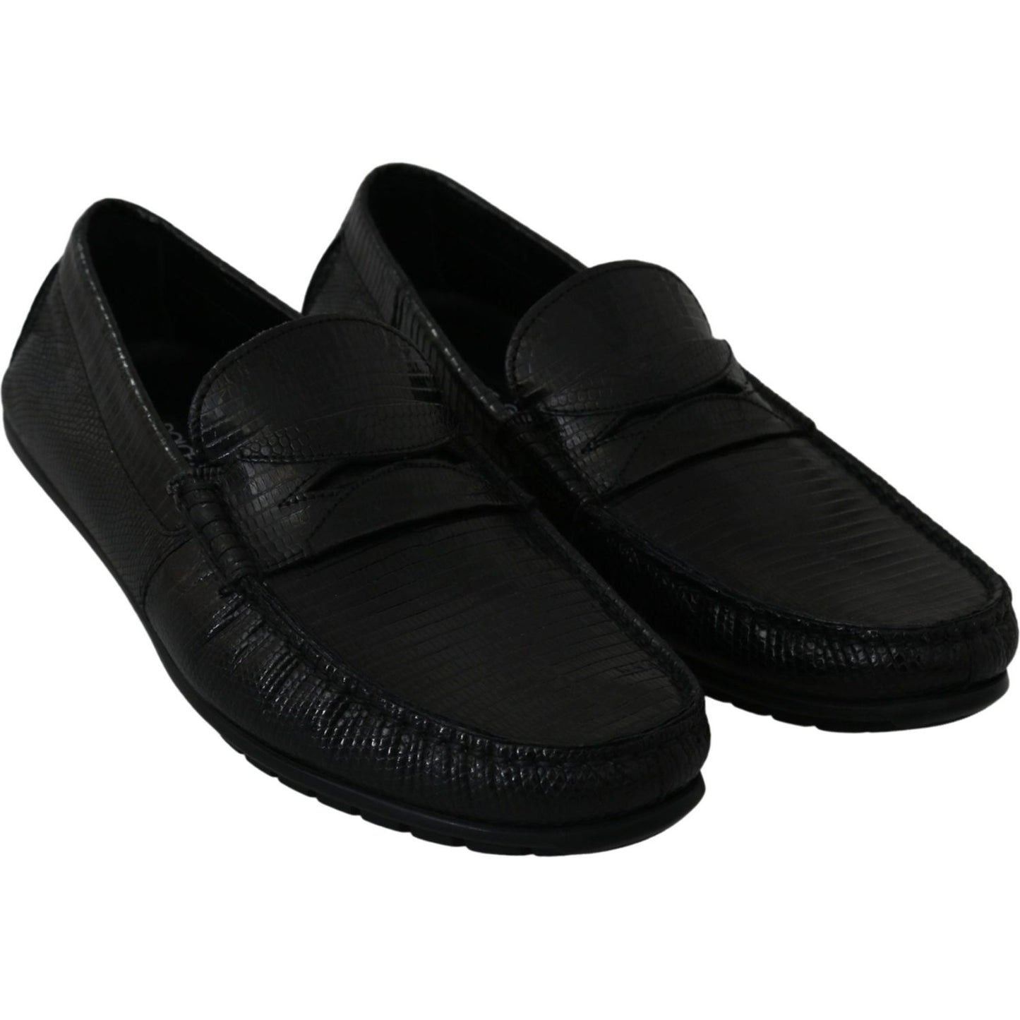 Dolce & Gabbana Black Lizard Leather Flat Loafers Shoes