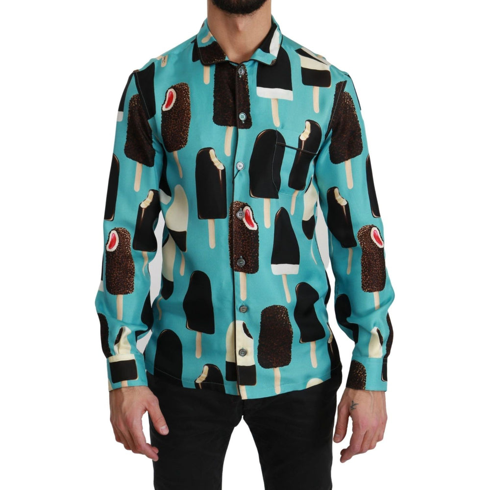 Dolce & Gabbana Blue Silk Ice Cream Print Casual Shirt TSH4481-37