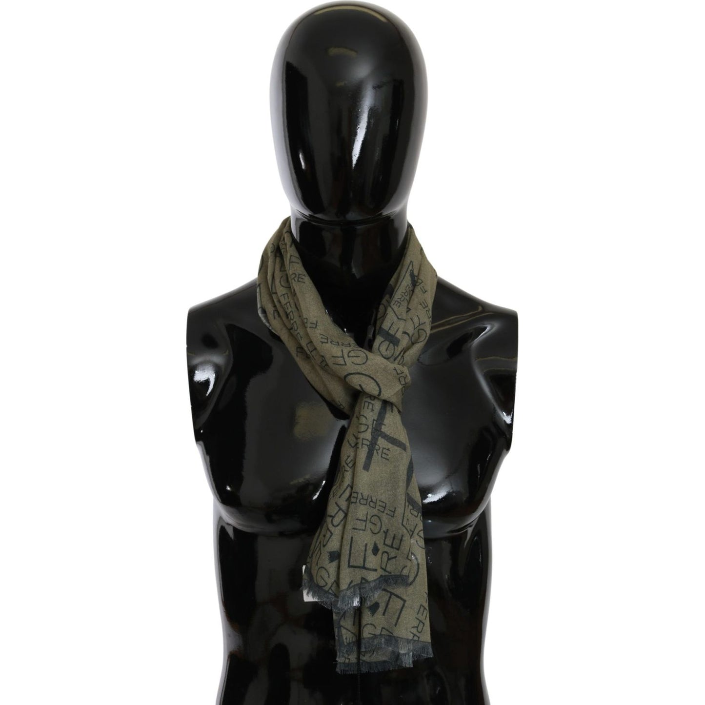 GF Ferre Green Wool Viscose Foulard Patterned Branded Scarf MS1653