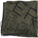 GF Ferre Green Wool Viscose Foulard Patterned Branded Scarf MS1653
