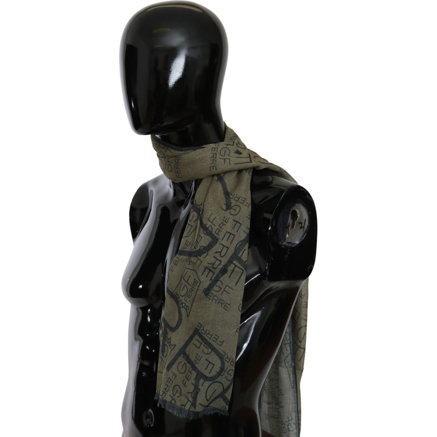 GF Ferre Green Wool Viscose Foulard Patterned Branded Scarf MS1653