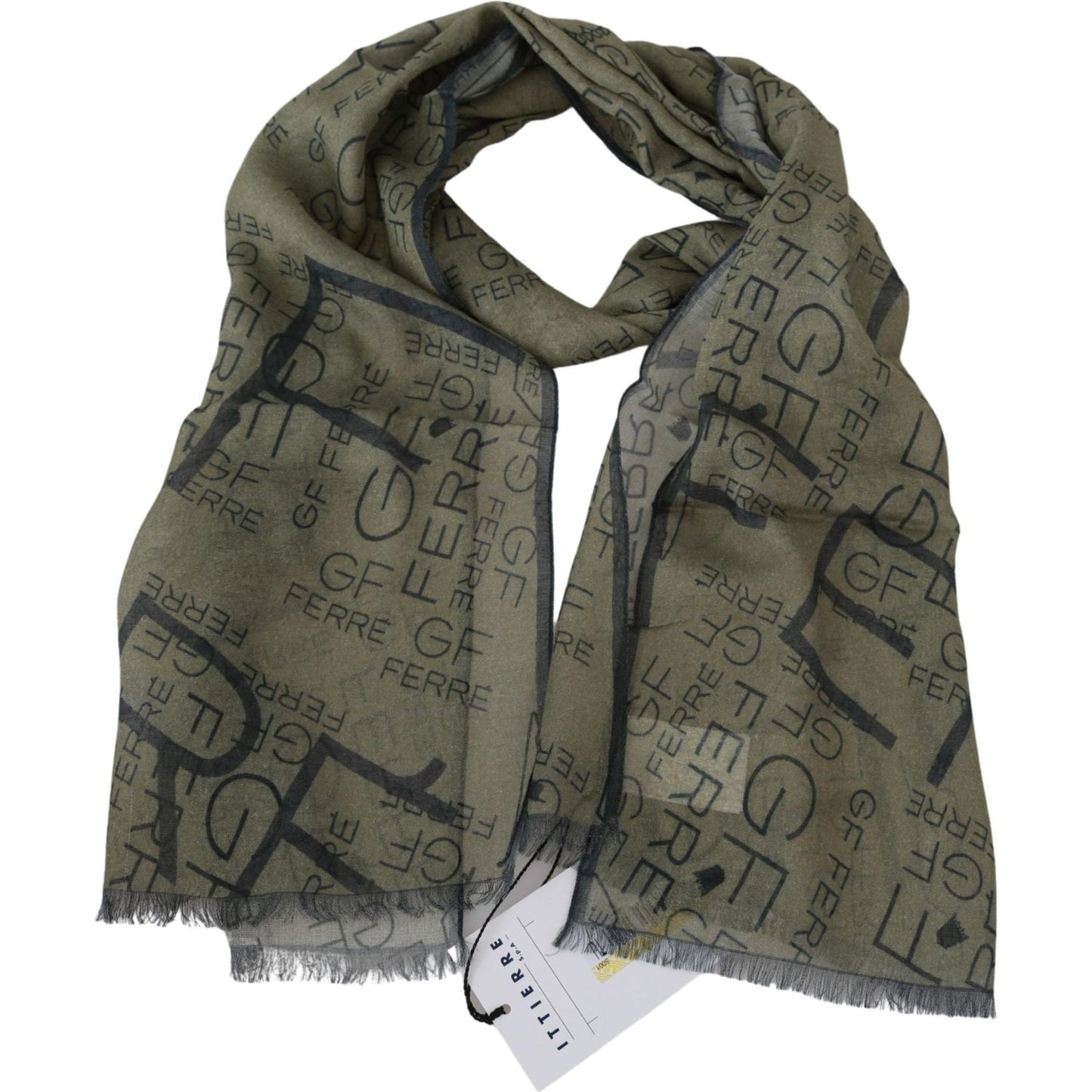 GF Ferre Green Wool Viscose Foulard Patterned Branded Scarf MS1653