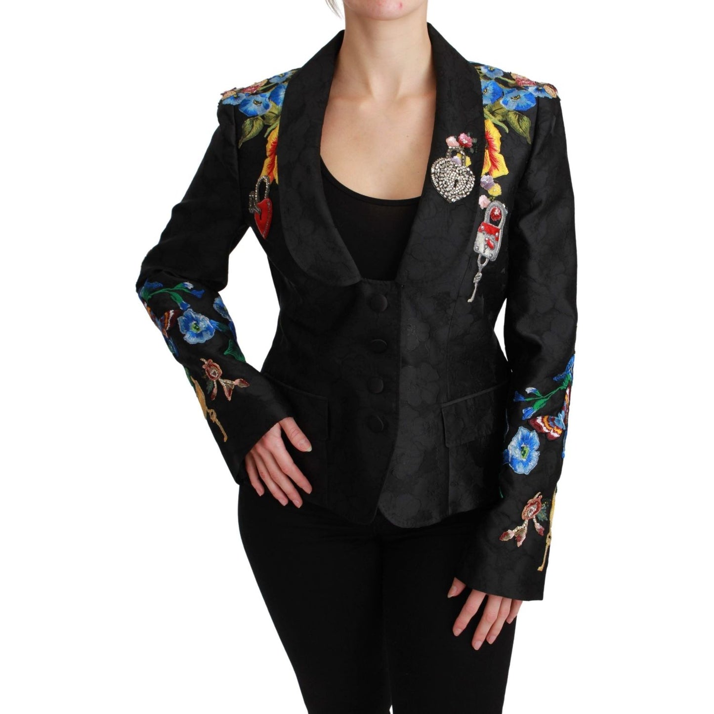 Dolce & Gabbana Black Brocade Crystal Blazer Jacket JKT2628-46
