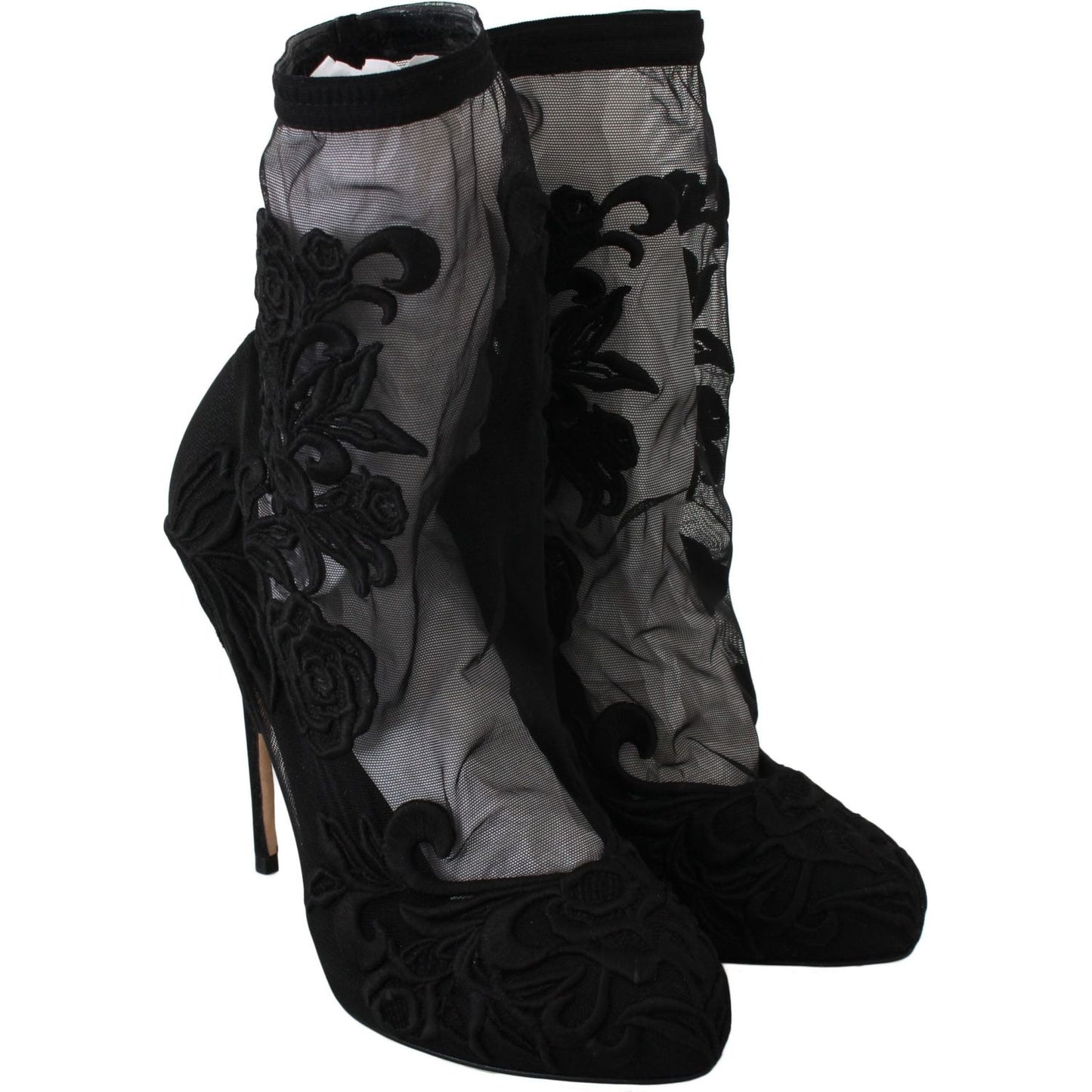 Dolce & Gabbana Black Roses Stilettos Booties Socks Shoes LA6147-39