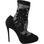 Dolce & Gabbana Black Roses Stilettos Booties Socks Shoes LA6147-39