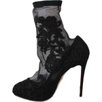 Dolce & Gabbana Black Roses Stilettos Booties Socks Shoes LA6147-39