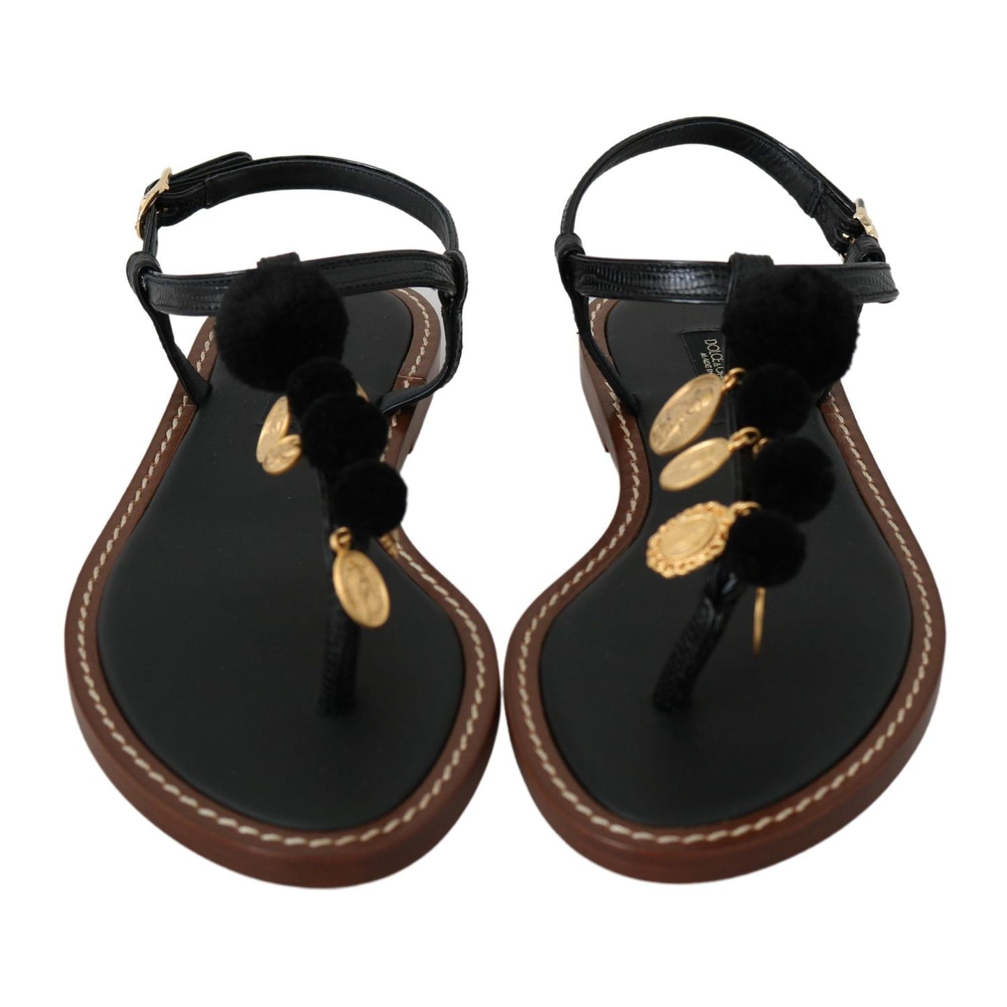Dolce & Gabbana Black Leather Coins Flip Flops Sandals Shoes LA6577-35