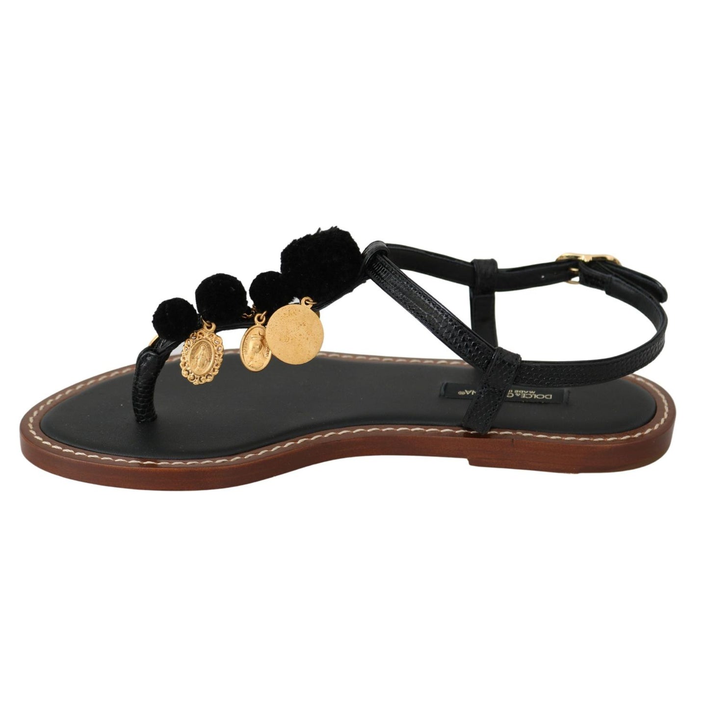 Dolce & Gabbana Black Leather Coins Flip Flops Sandals Shoes LA6577-35