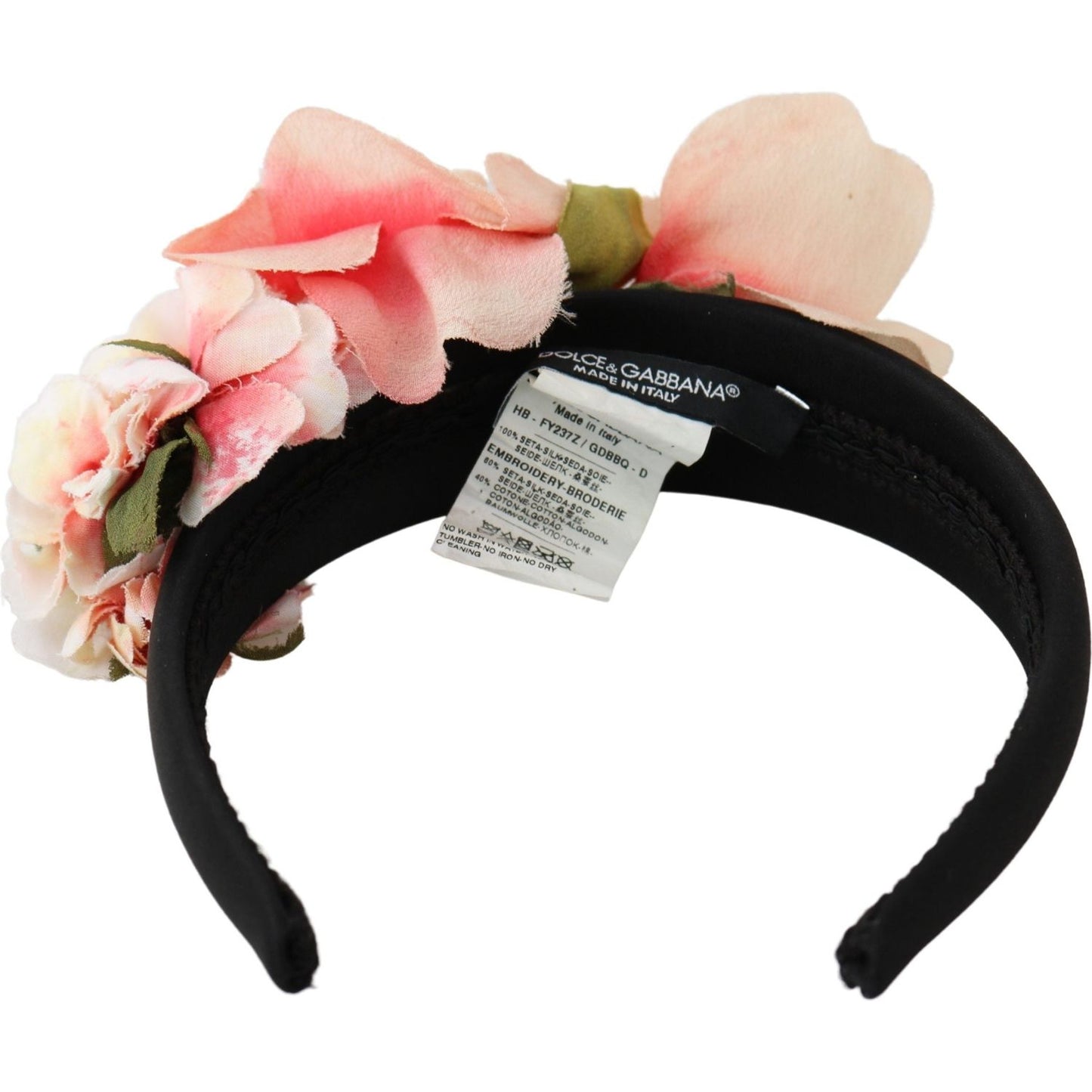 Dolce & Gabbana Pink Silk Black Floral Headband Logo Diadem SMY100152