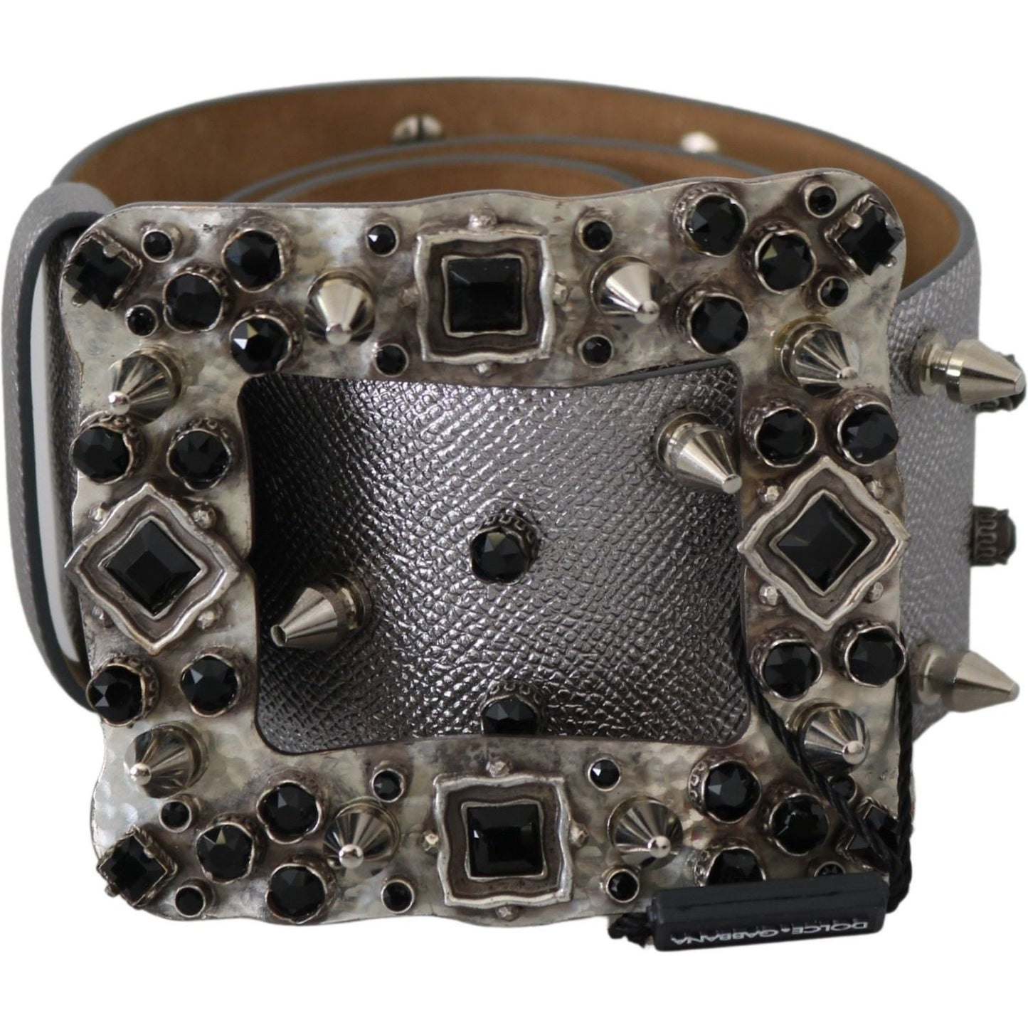 Dolce & Gabbana Silver Leather Crystal Stud Logo Buckle Belt BEL60886-70