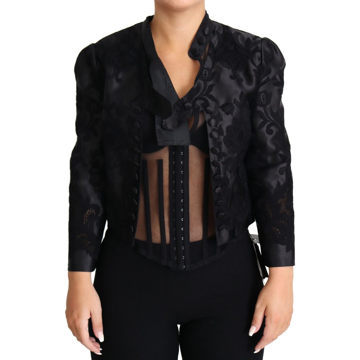 Dolce & Gabbana Black Lace Sheer Corset Organza Silk Jacket JKT2814-IT46