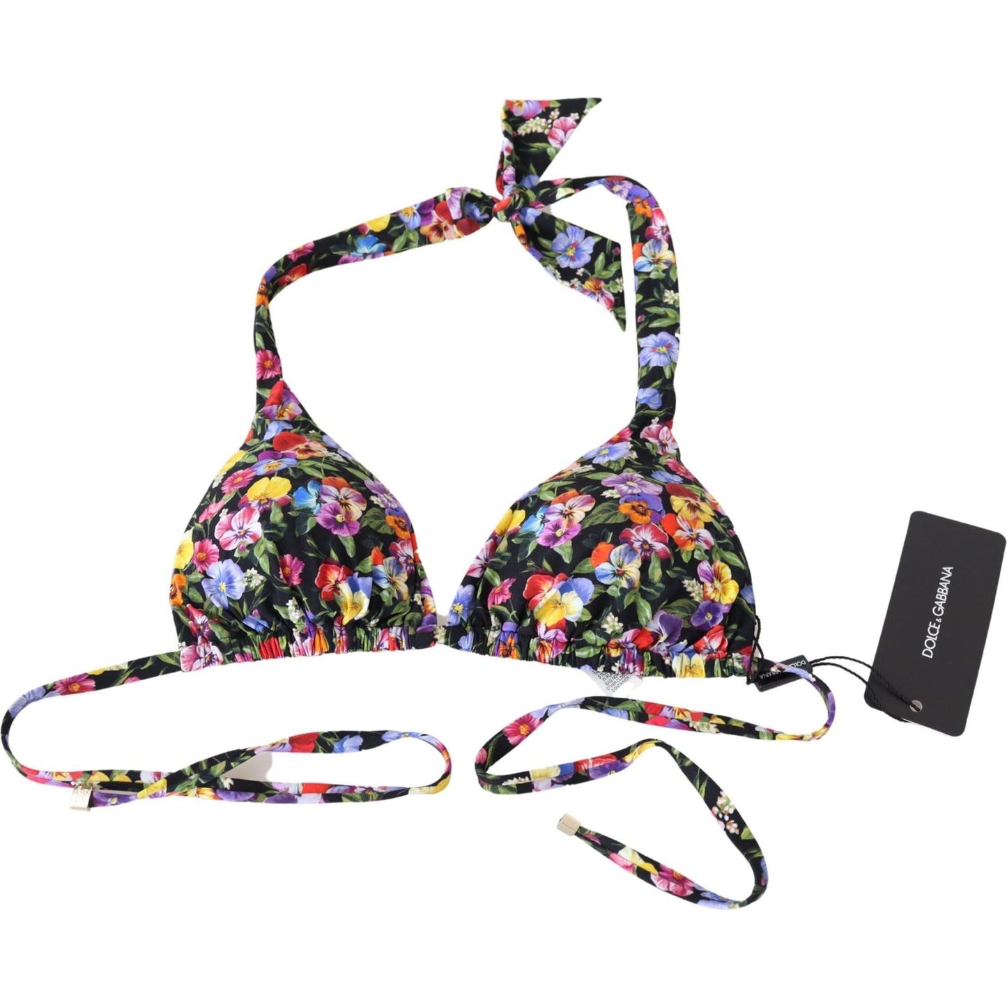 Dolce & Gabbana Black Floral Print Swimsuit Beachwear Bikini Tops