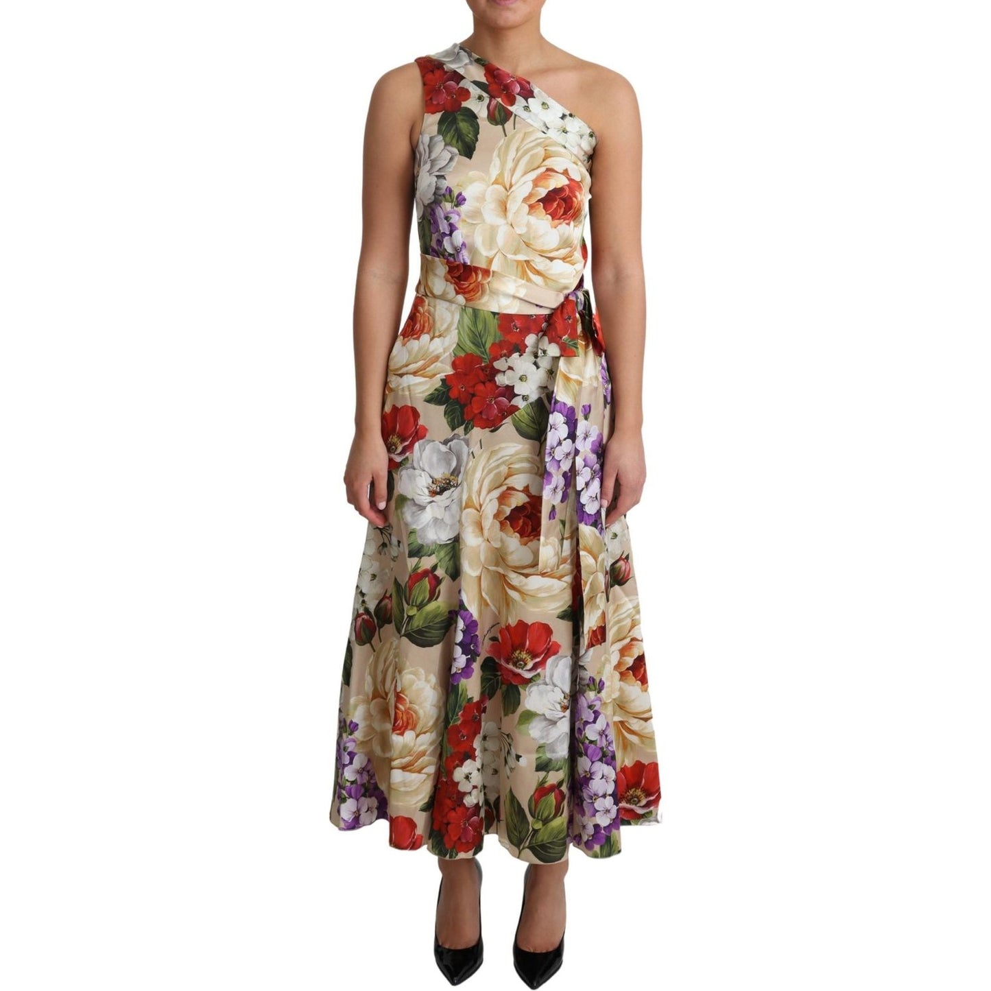 Dolce & Gabbana Print Silk Stretch One Shoulder Dress Floral WOMAN DRESSES