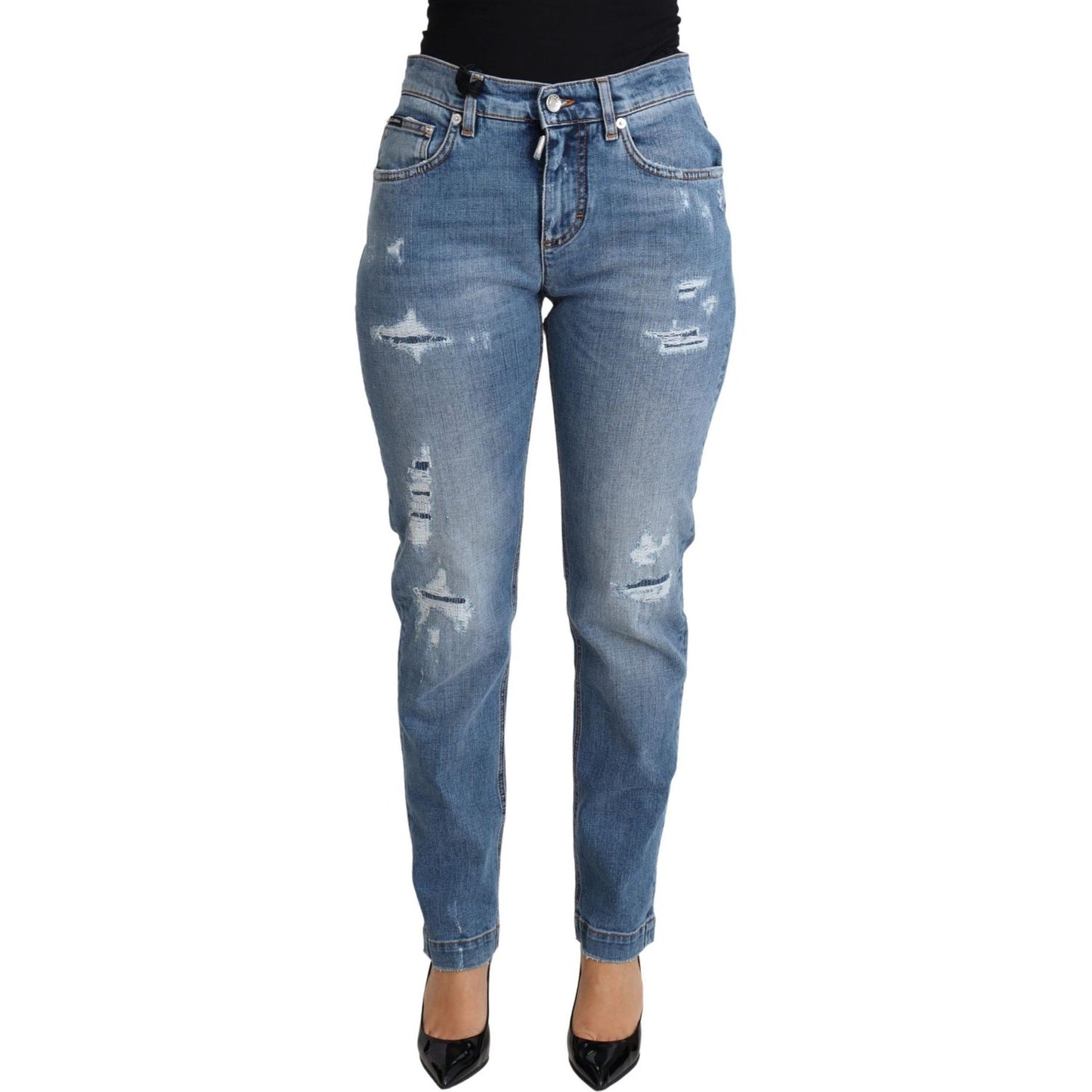 Dolce & Gabbana Blue Tattered Skinny Denim Cotton Blend Jeans PAN71874-36