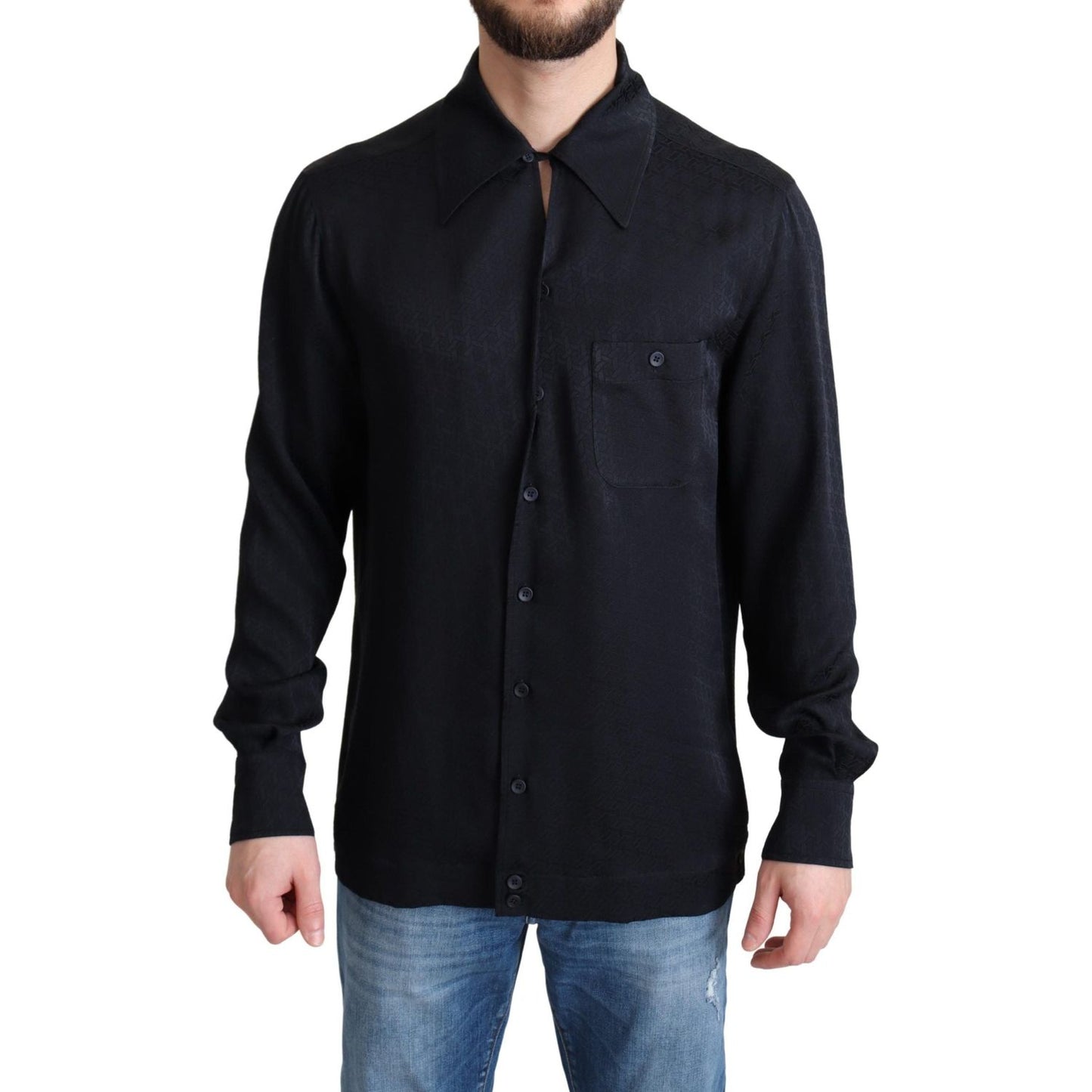 Dolce & Gabbana Black Jacquard Silk Casual Button Down Shirt