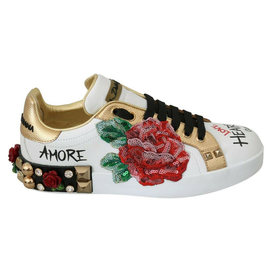 Dolce & Gabbana White Roses Sequined Crystal Womens Sneakers Shoes
