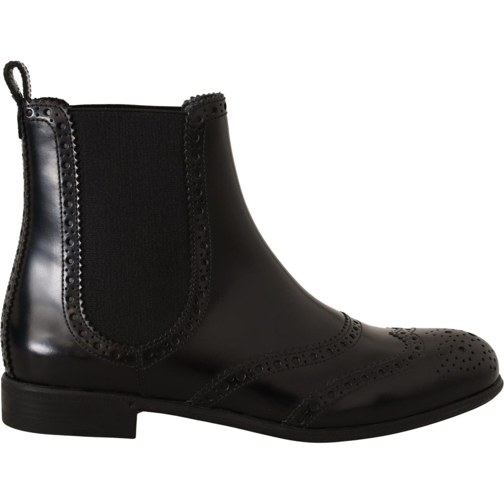 Dolce & Gabbana Black Leather Ankle High Flat Boots Shoes LA9028-35