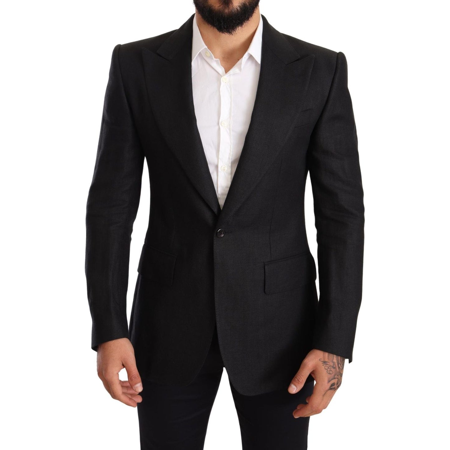Dolce & Gabbana Black Linen Slim Fit Coat Jacket Blazer KOS1874 -48