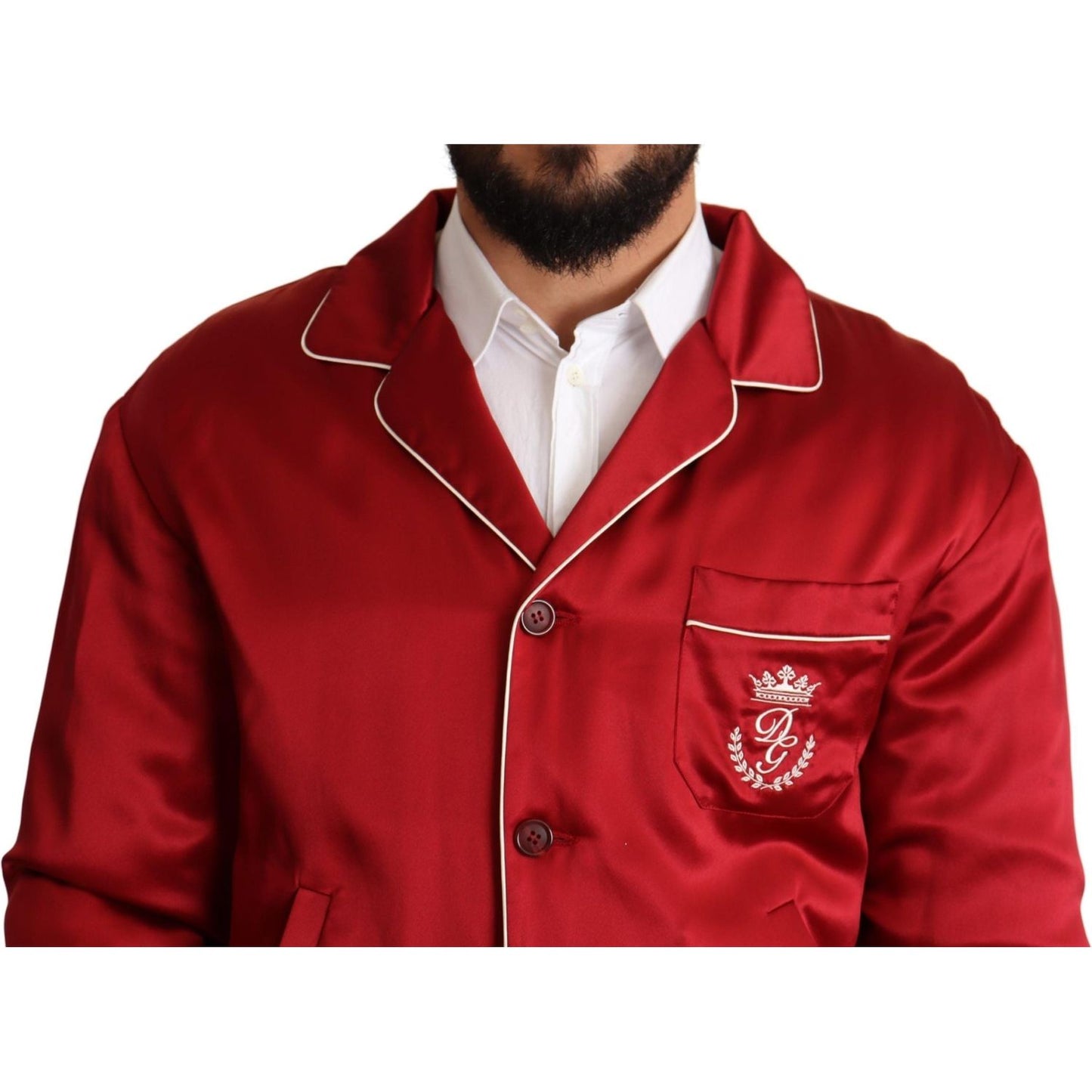 Dolce & Gabbana Red Silk Button DG Logo Bomber Jacket