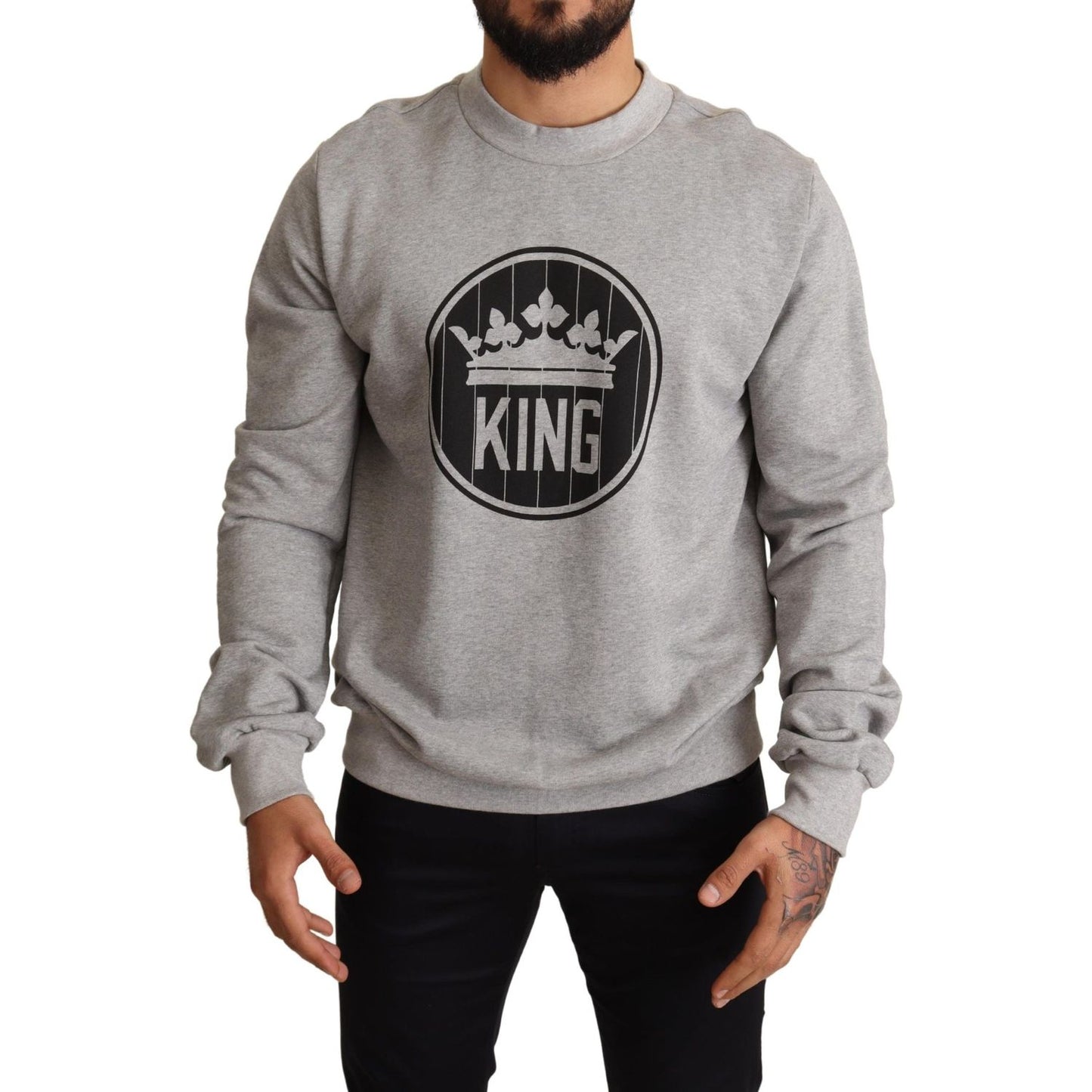 Dolce & Gabbana Gray Crown King Print Cotton Sweater MAN SWEATERS