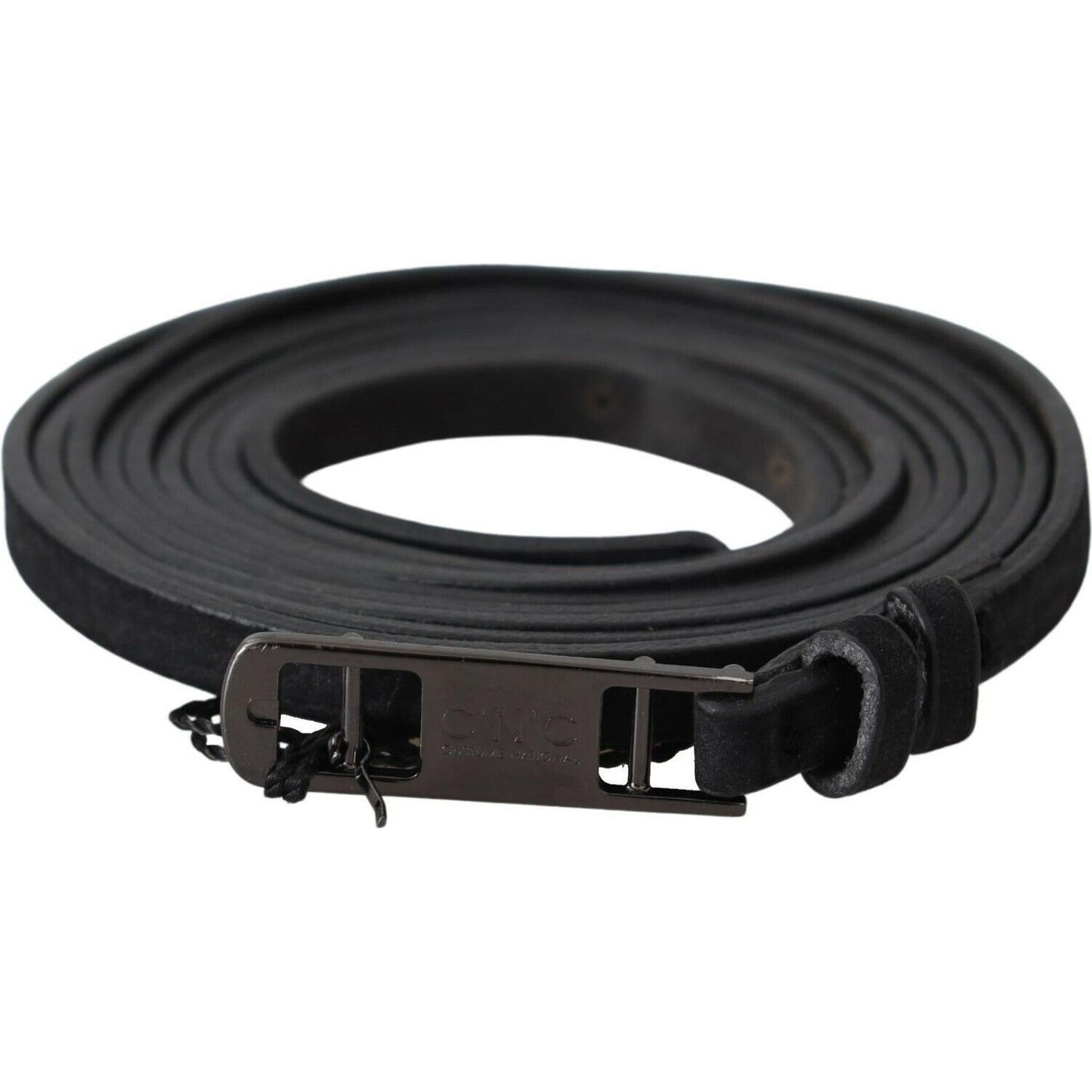 Costume National Black Leather Skinny Logo Buckle Belt BEL61003- 100
