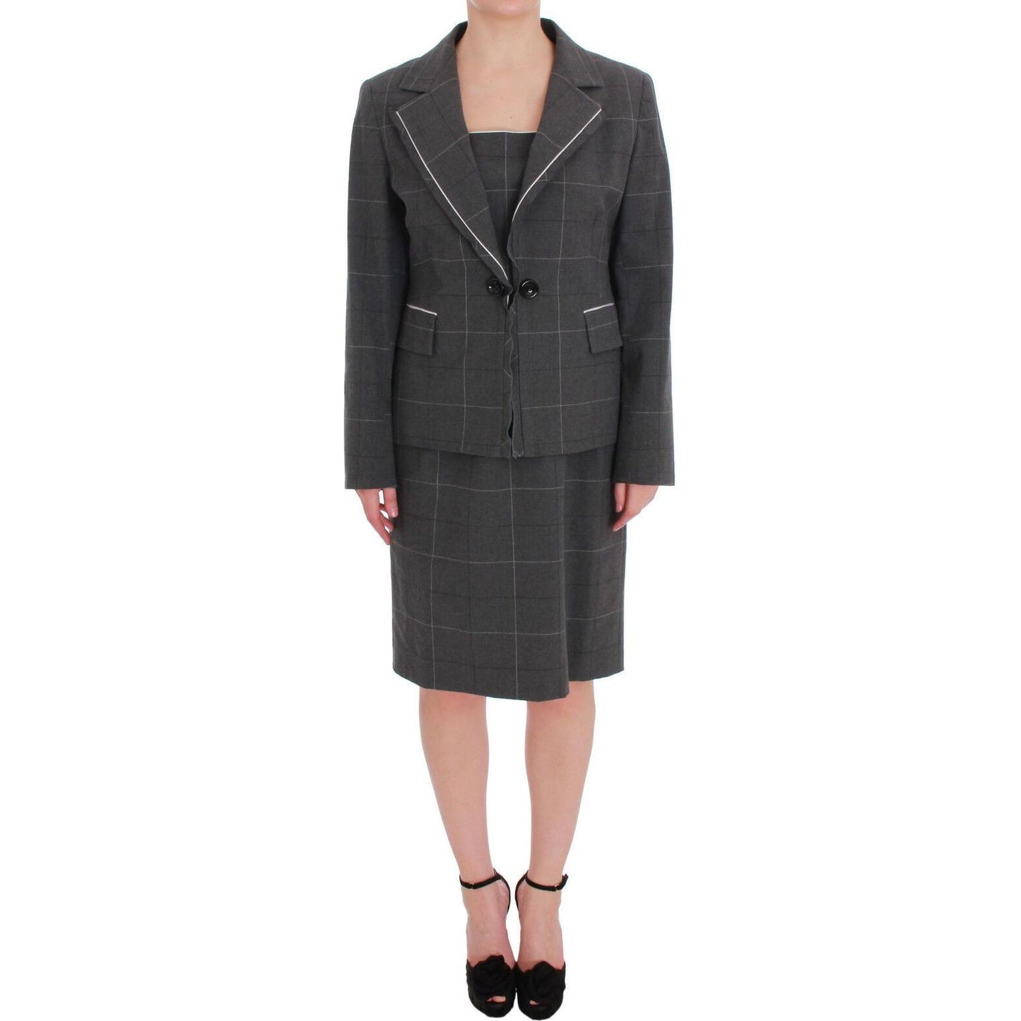 BENCIVENGA Gray Checkered Cotton Blazer Dress Set Suit SIG60234 -50