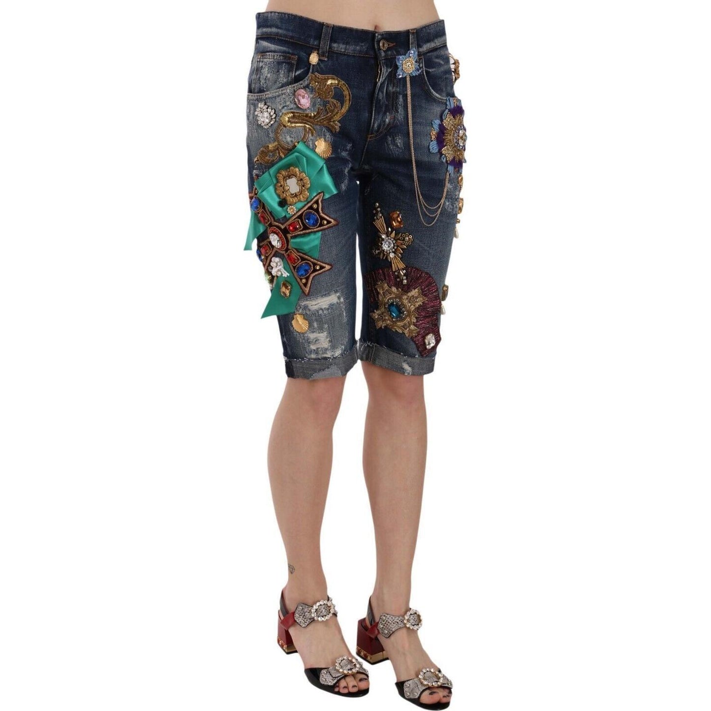 Dolce & Gabbana Blue Denim Mid Waist Crystal Capri Shorts PAN70037- 36