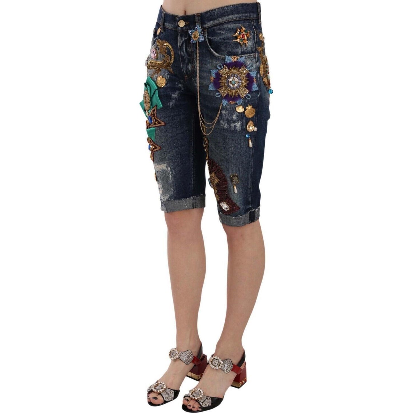 Dolce & Gabbana Blue Denim Mid Waist Crystal Capri Shorts PAN70037- 36