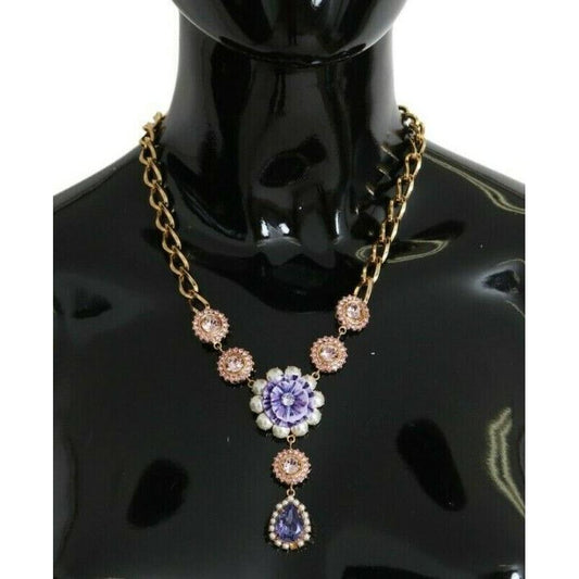 Dolce & Gabbana Pink Gold Brass Crystal Purple Pearl Pendants Necklace