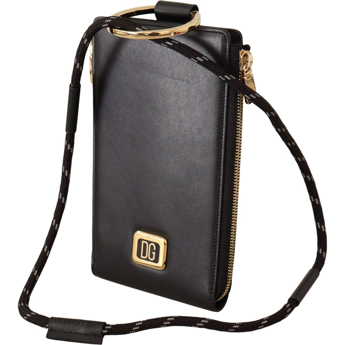 Dolce & Gabbana Black Leather Logo Plaque Neck Strap Card Coin Wallet VAS12893