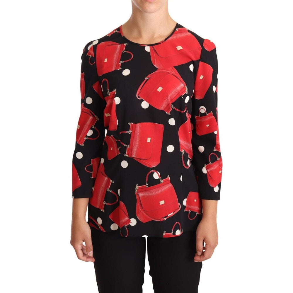 Dolce & Gabbana Black Sicily Bag Print Silk Stretch Top Blouse TSH6808-44