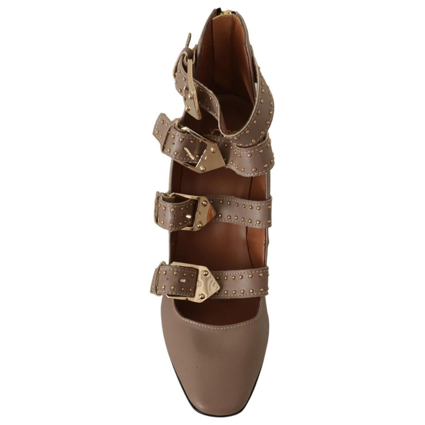 MY TWIN Brown Leather Block Heels Multi Buckle Pumps Shoes LA9394 - 37
