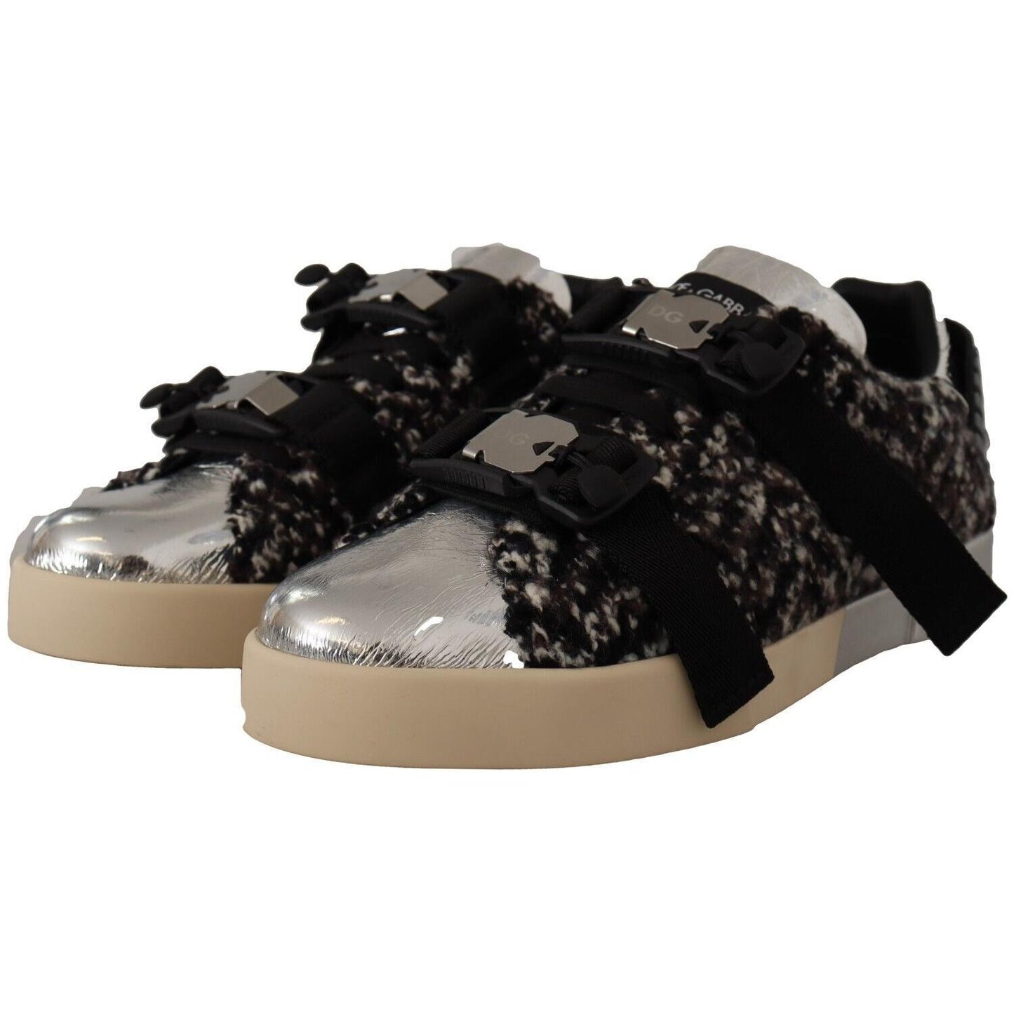 Dolce & Gabbana Silver Leather Brown Cotton Wool Sneakers Shoes MV4402 - 44