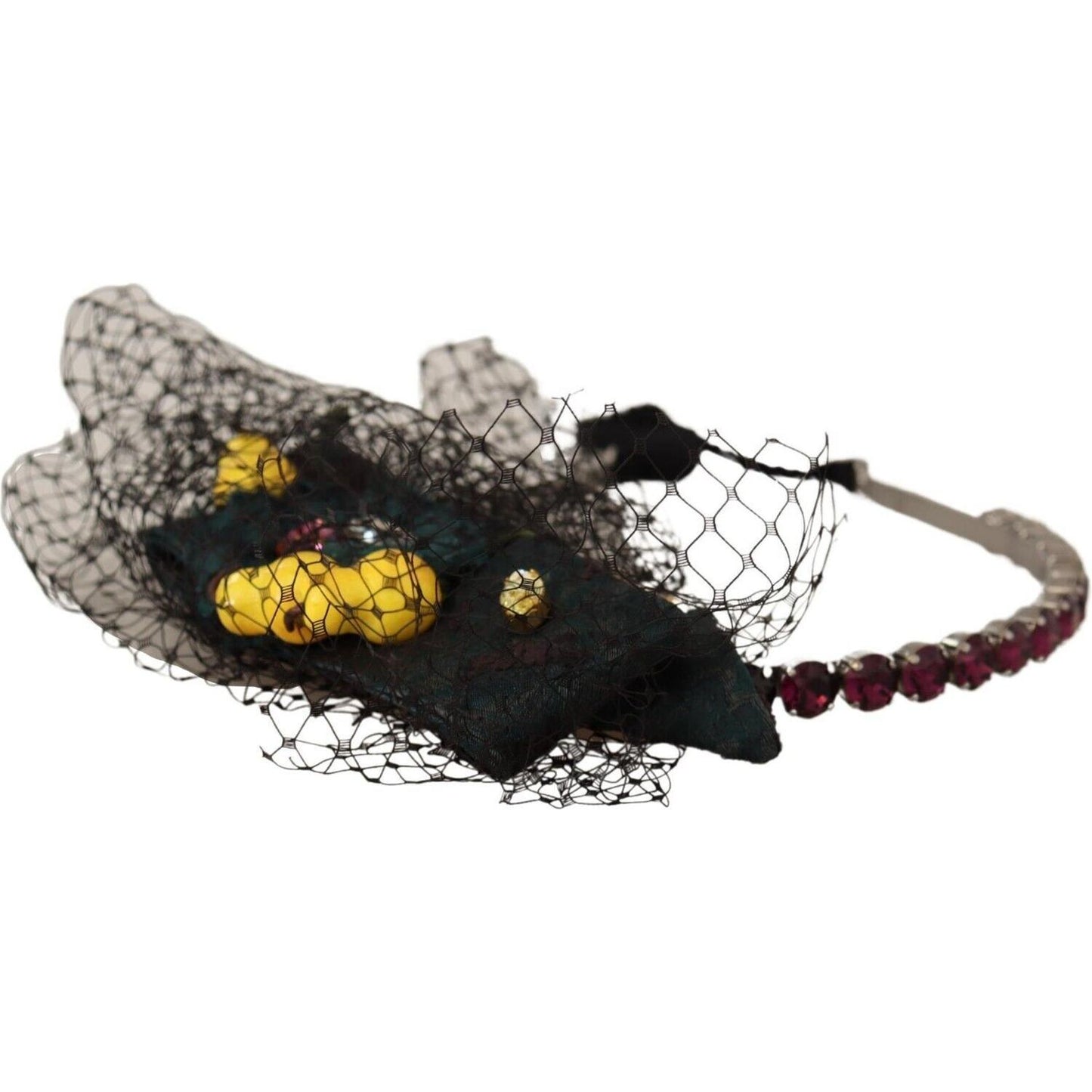 Dolce & Gabbana Silver Tiara Crystals Fruits Black Mesh Diadem Headband SMY100808