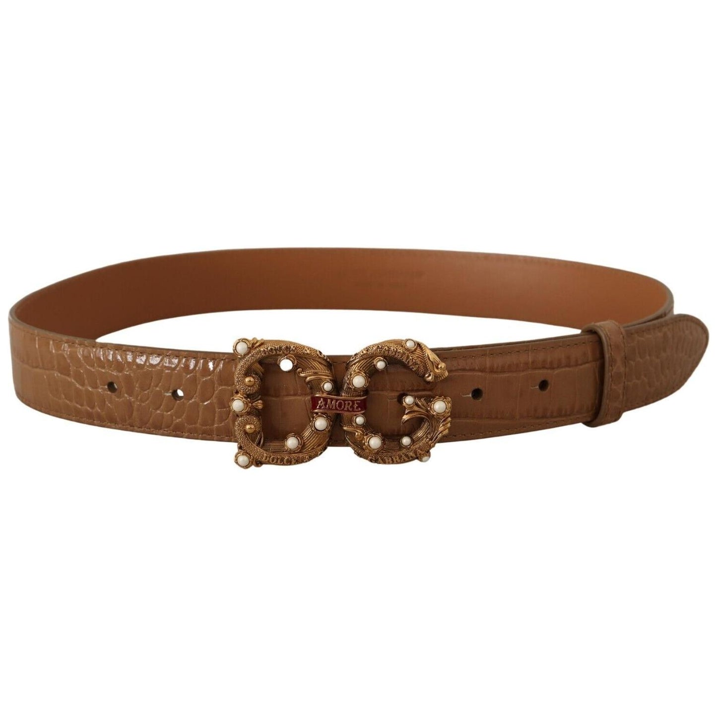 Dolce & Gabbana Brown Crocodile Pattern Leather Logo Amore Belt BEL8310 - 75
