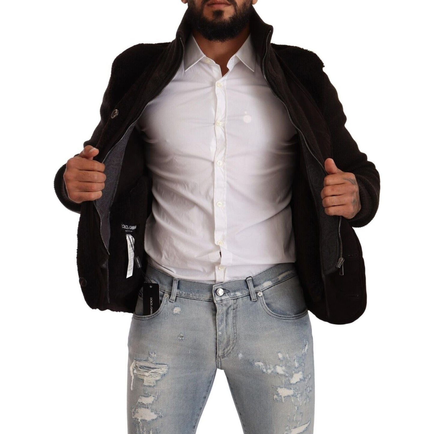 Dolce & Gabbana Black Leather Mens Turtle Neck Coat Jacket